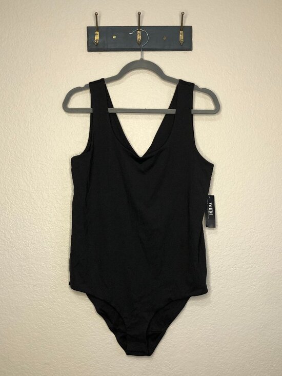 White House Black Market Tops - WHBM For Me NWT $50 Black Heavy Scoop Neck Bodysuit Women's L Casual Career LBD